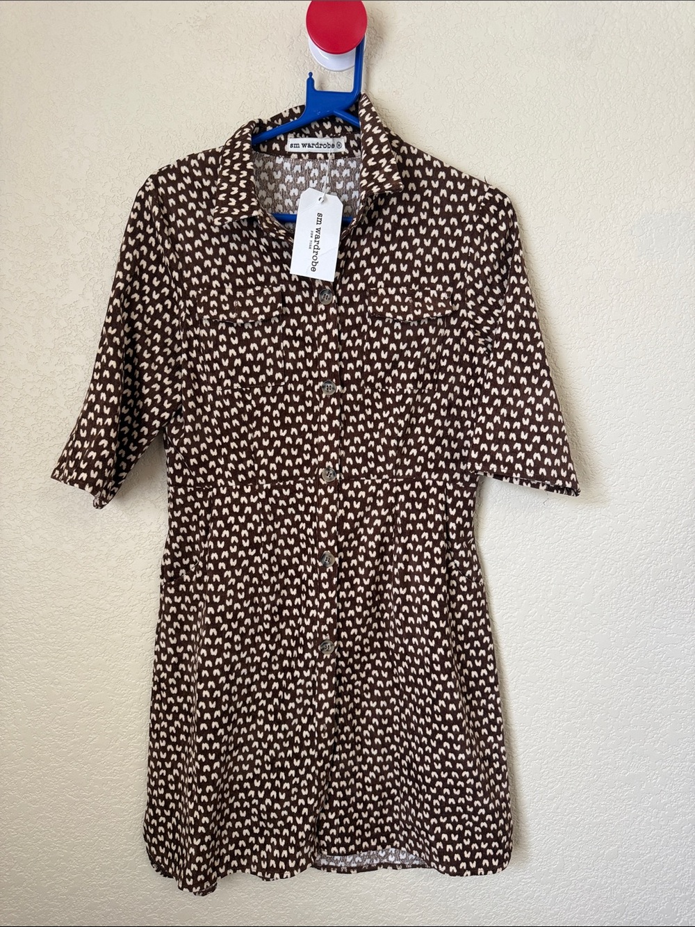 NWT SM Wardrobe Brown Heart Print Button Front Shirt Dress Size Medium